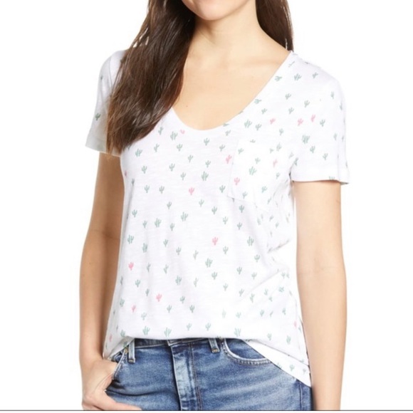 Caslon Tops - Caslon Cactus Print Pocketed V Neck T-Shirt